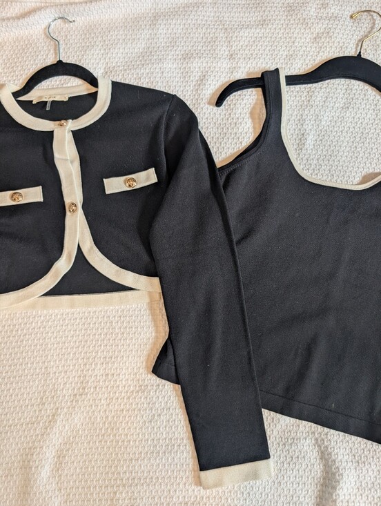 Jackets & Blazers - RIVER Brand Black Cropped Cardigan with Cream Trim and Gold Buttons